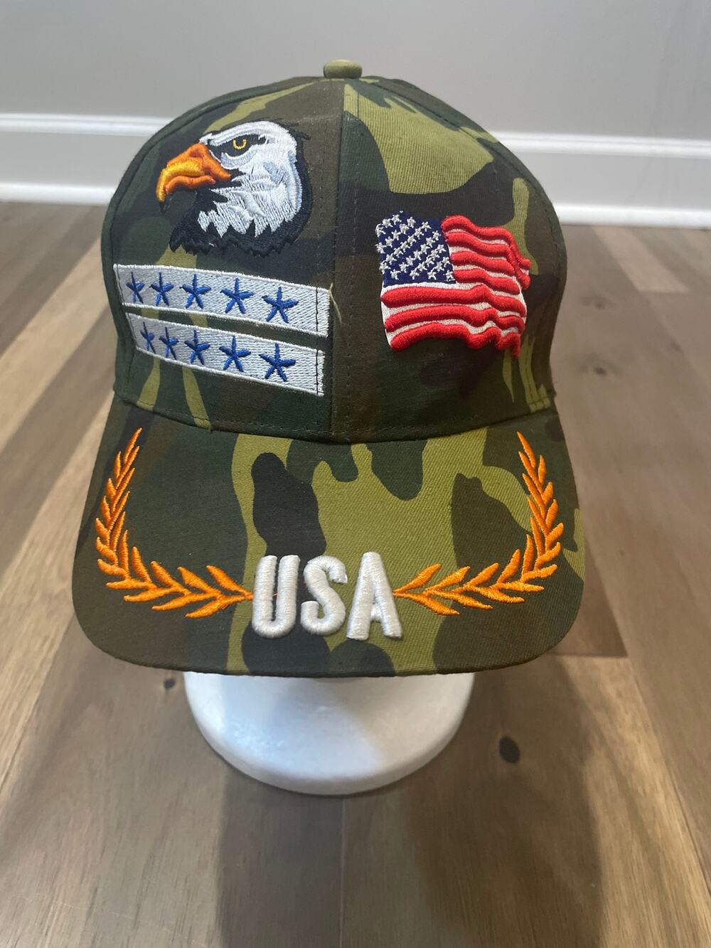 Green Camouflage Patriotic Hat Embroidered Flag Eagle Stars USA Detail Cotton